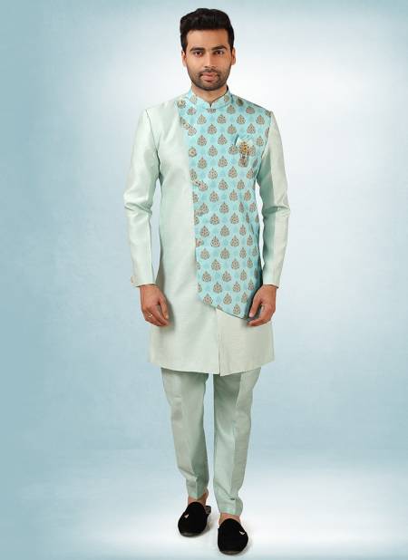 Pista Green Colour Excluisve Wear Art Silk Digital Print Kurta Pajama With Jacket Mens Collection 1435